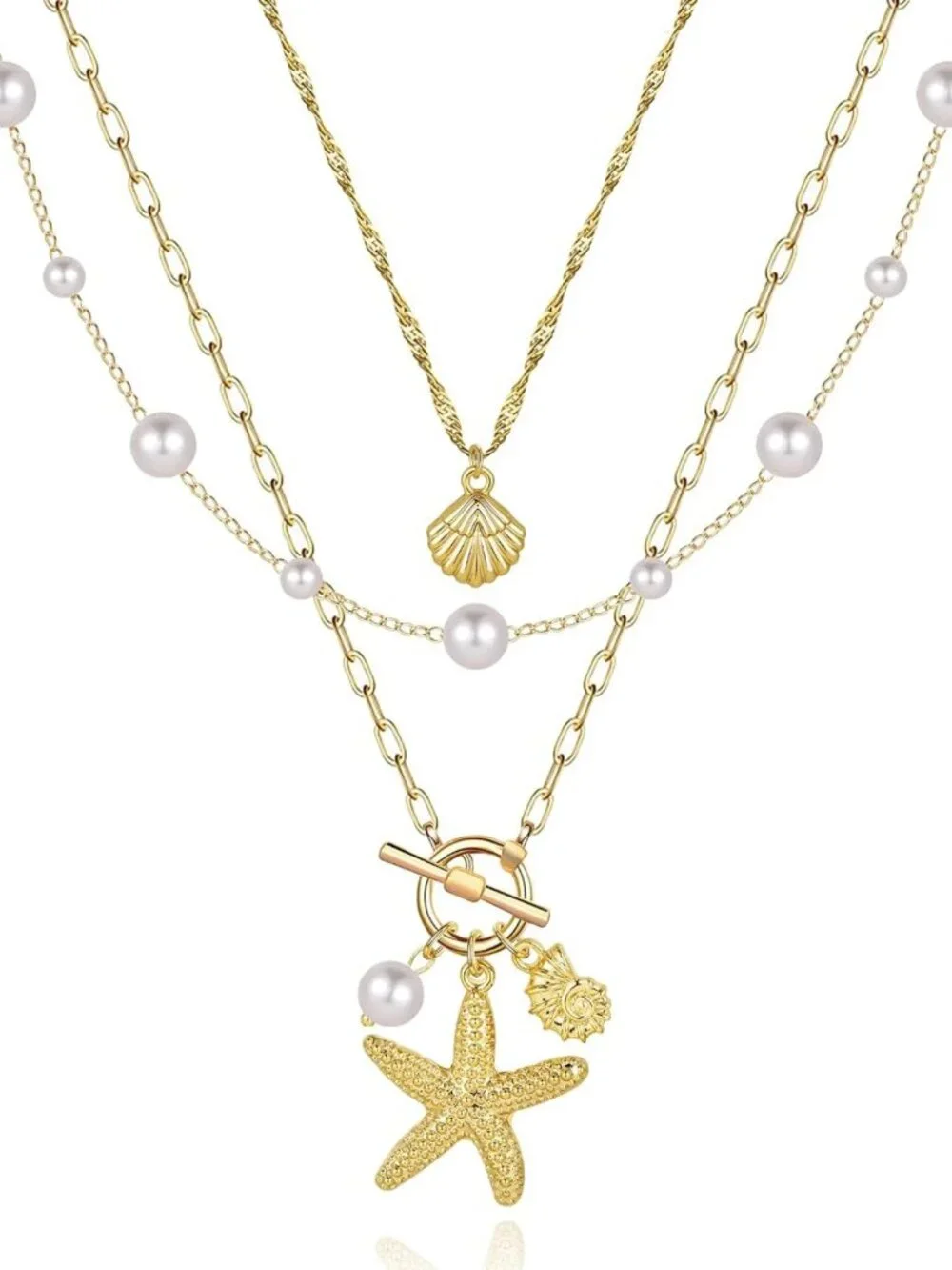 Layered Shell Necklace for Women, Starfish Pearl Pendant, Adjustable Beach - Picture 1 of 9